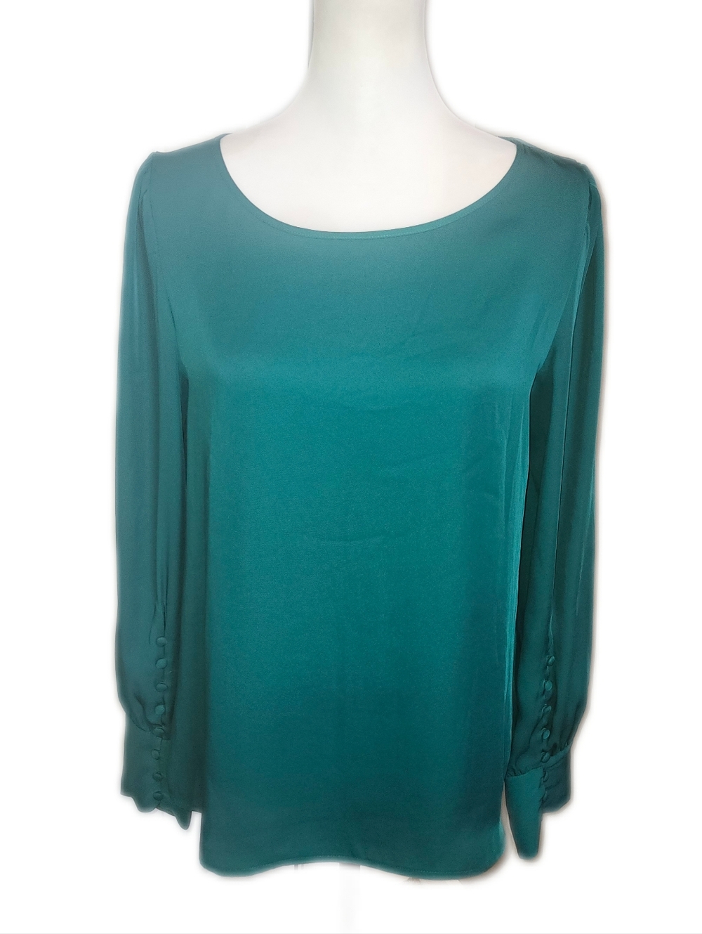 Express Jade Green Long Sleeved Sightly Puffed Sleeve Silky Blouse, S - Picture 2 of 9